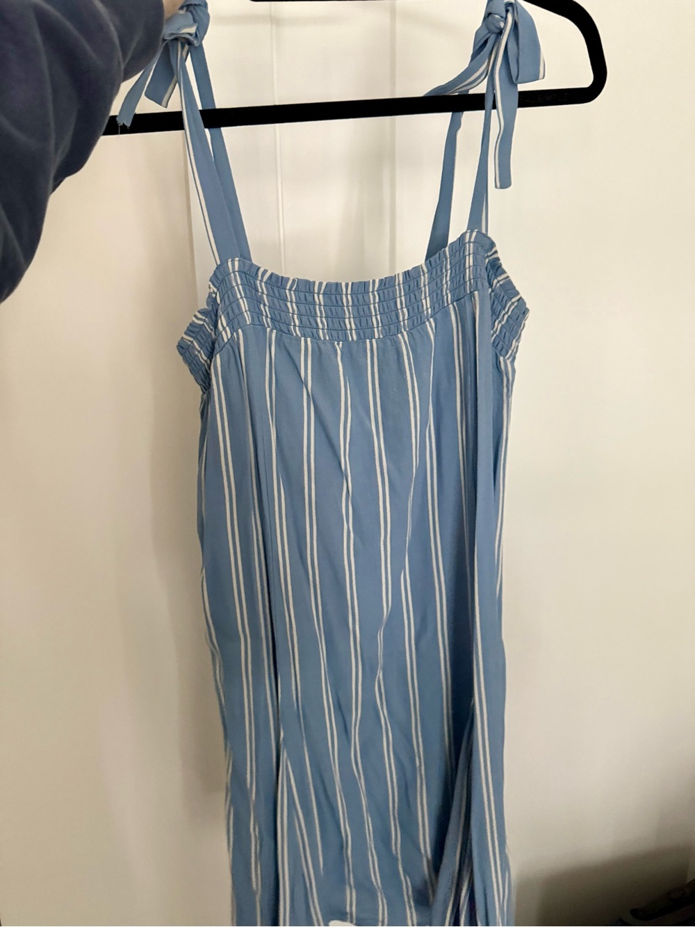 Privacy Please Light Blue and White Striped Smocked Summer Dress